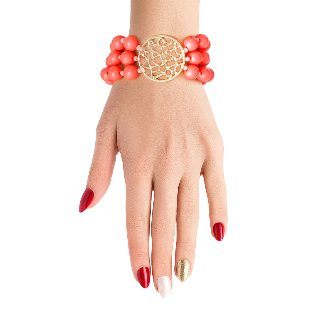 Coral Glass Bead Round Gold Bracelet