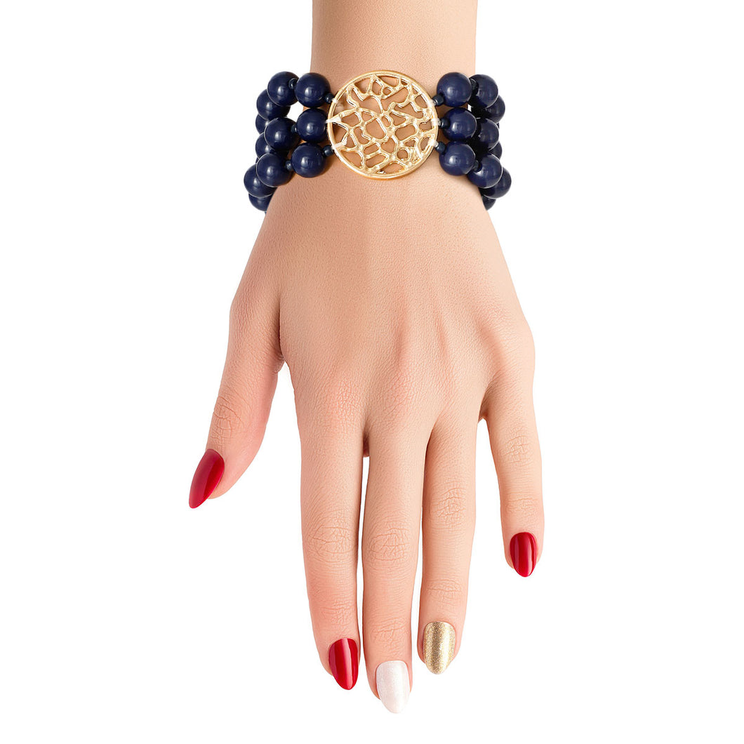 Navy Glass Bead Round Gold Bracelet