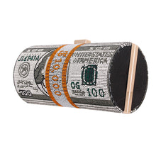 Load image into Gallery viewer, Black Bling Rolled Benjamins Clutch
