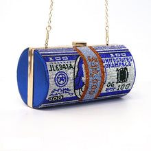 Load image into Gallery viewer, Blue Bling Rolled Benjamins Clutch
