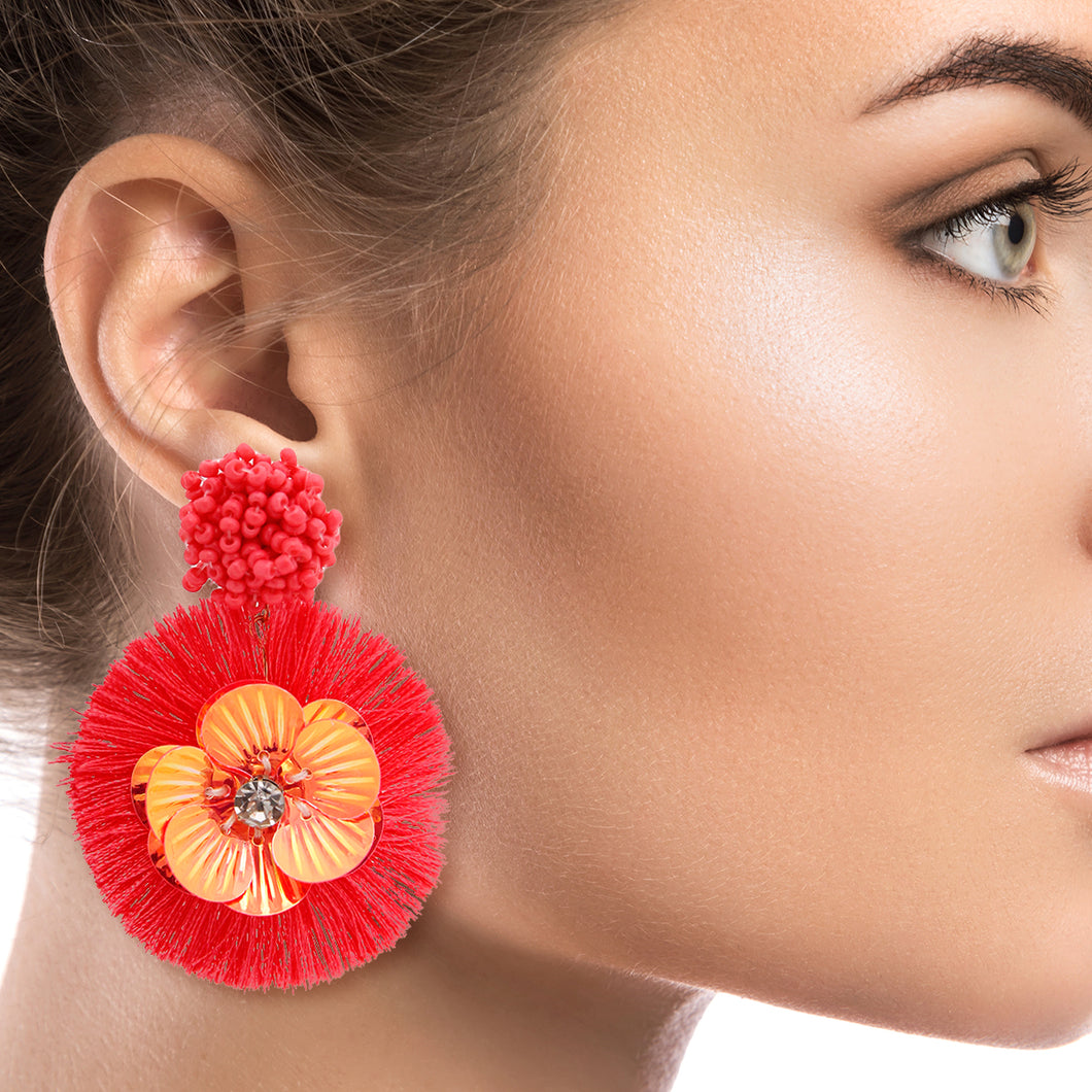 Coral Sequin Flower Tassel Earrings