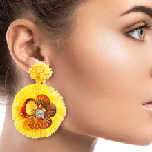 Load image into Gallery viewer, Yellow Sequin Flower Tassel Earrings
