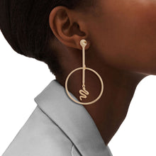 Load image into Gallery viewer, Gold Bar Round Snake Charm Earrings
