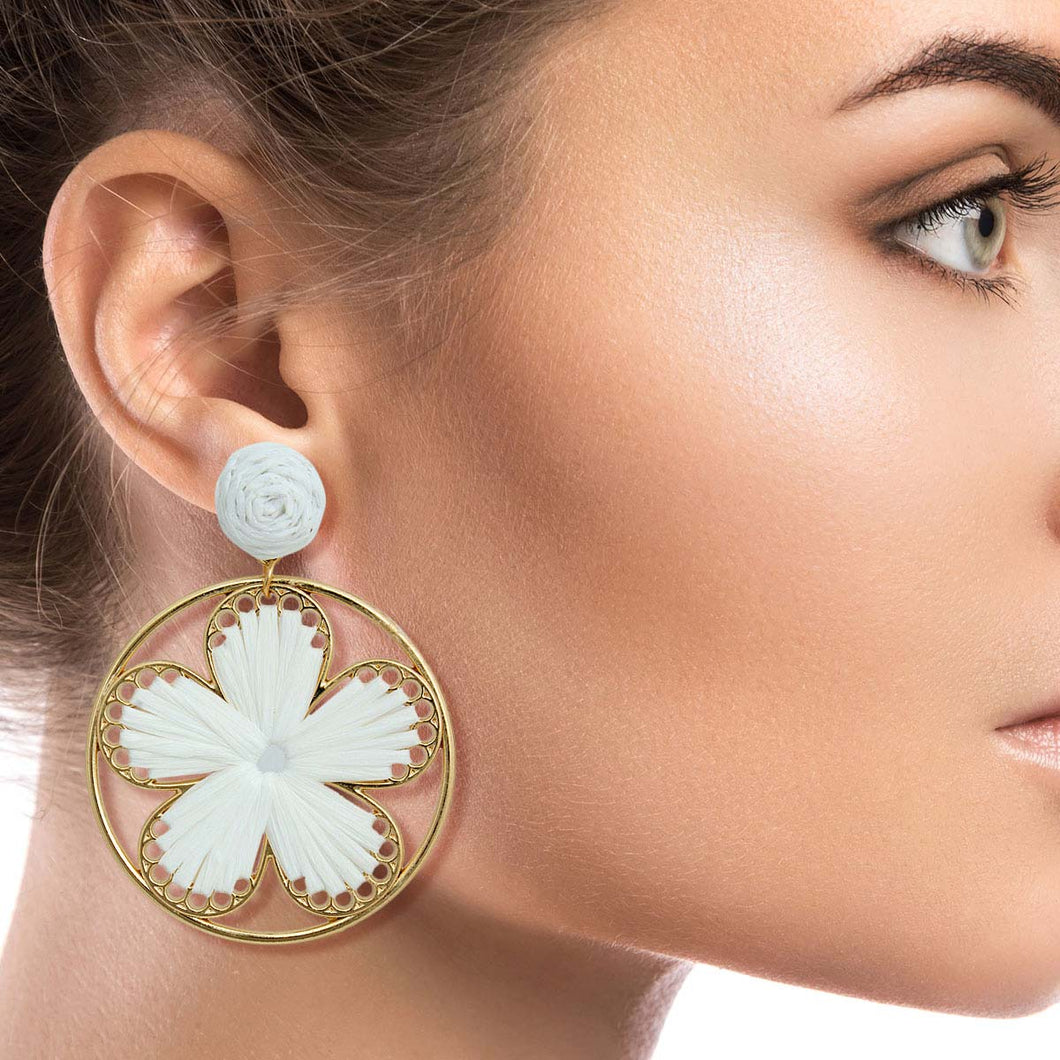 White Raffia Flower Round Earrings