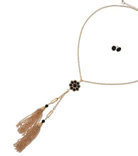Load image into Gallery viewer, Long Gold Tassel Necklace with Black Flower
