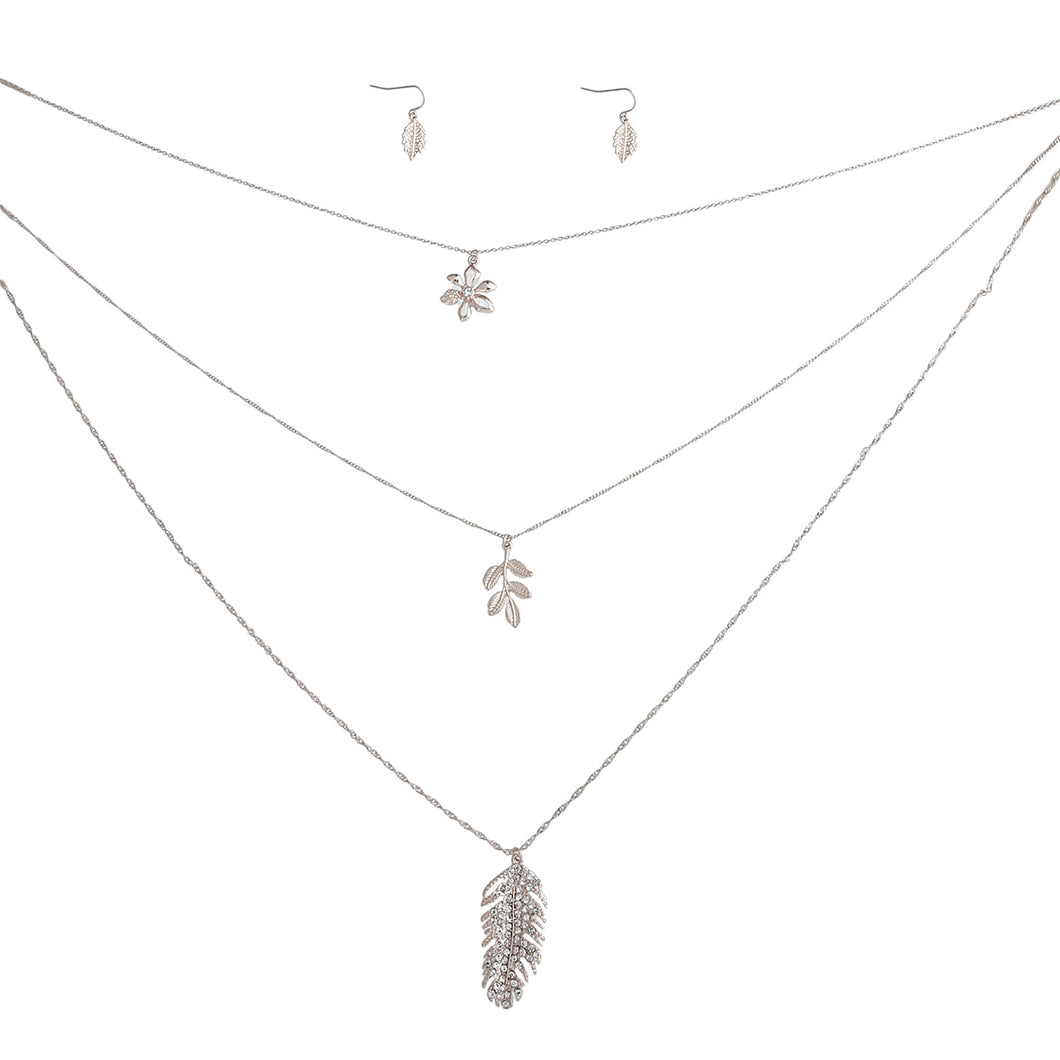 Silver 3 Layer Chain Leaf Necklace