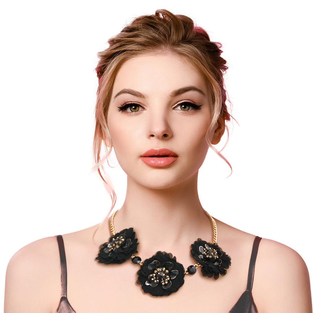 Black Fabric Flower Necklace Set