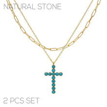 Load image into Gallery viewer, Gold Turquoise Stone Cross 2pc Necklace

