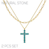 Gold Turquoise Stone Cross 2pc Necklace