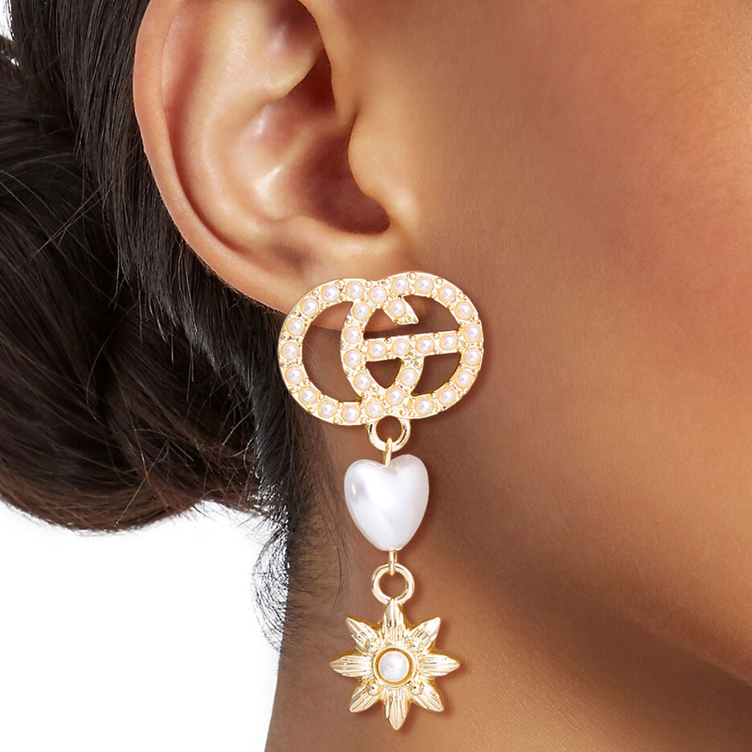 Gold Pearl Designer Heart Star Earrings