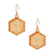 Load image into Gallery viewer, T Hexagon Initial Earrings
