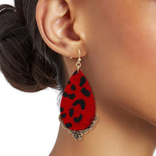 Load image into Gallery viewer, Red Leather Animal Print Teardrop Earrings
