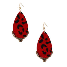 Load image into Gallery viewer, Red Leather Animal Print Teardrop Earrings
