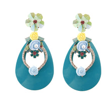 Load image into Gallery viewer, Aqua Teardrop Earrings with Rhinestone and Flower Detail
