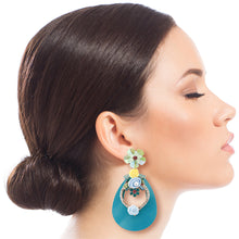 Load image into Gallery viewer, Aqua Teardrop Earrings with Rhinestone and Flower Detail

