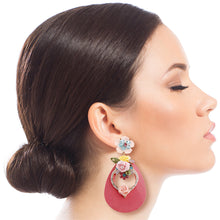 Load image into Gallery viewer, Pink Teardrop Earrings with Rhinestone and Flower Detail

