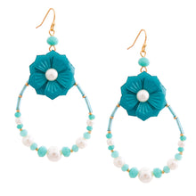 Cargar imagen en el visor de la galería, Aqua Flower Teardrop Earrings with Pearl and Bead Detail
