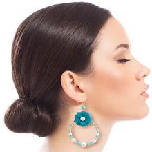 Load image into Gallery viewer, Aqua Flower Teardrop Earrings with Pearl and Bead Detail
