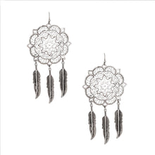 Load image into Gallery viewer, Burnished Silver Filigree Feather Earrings
