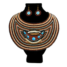 Load image into Gallery viewer, Brown, Black, and Cream Beaded Bib Necklace Set Featuring Light Blue Detail
