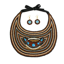 Load image into Gallery viewer, Brown, Black, and Cream Beaded Bib Necklace Set Featuring Light Blue Detail
