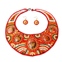 Load image into Gallery viewer, Red, White, and Orange Bead Round Collar Bib Necklace Set
