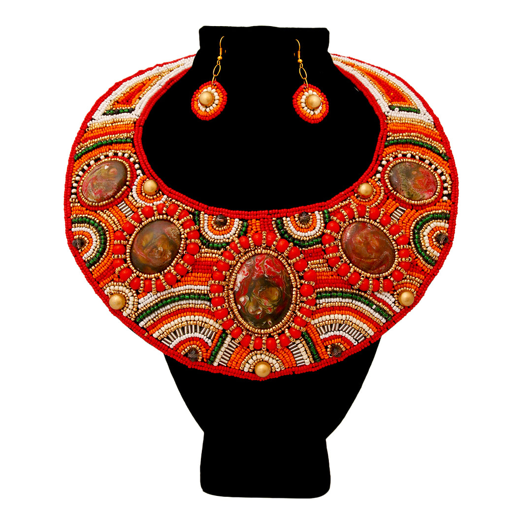 Red, White, and Orange Bead Round Collar Bib Necklace Set