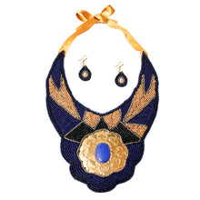 Load image into Gallery viewer, Blue and Gold Beaded Bib Necklace Set Featuring Stamped Metal Plate Design
