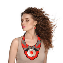 Load image into Gallery viewer, Red and Silver Beaded Bib Necklace Set Featuring Stamped Metal Plate Design

