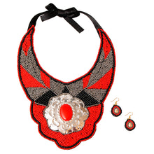 Cargar imagen en el visor de la galería, Red and Silver Beaded Bib Necklace Set Featuring Stamped Metal Plate Design
