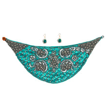 Load image into Gallery viewer, Handmade Teal Satin Scarf Necklace Set with Embroidered Sequins Beads and Pearls
