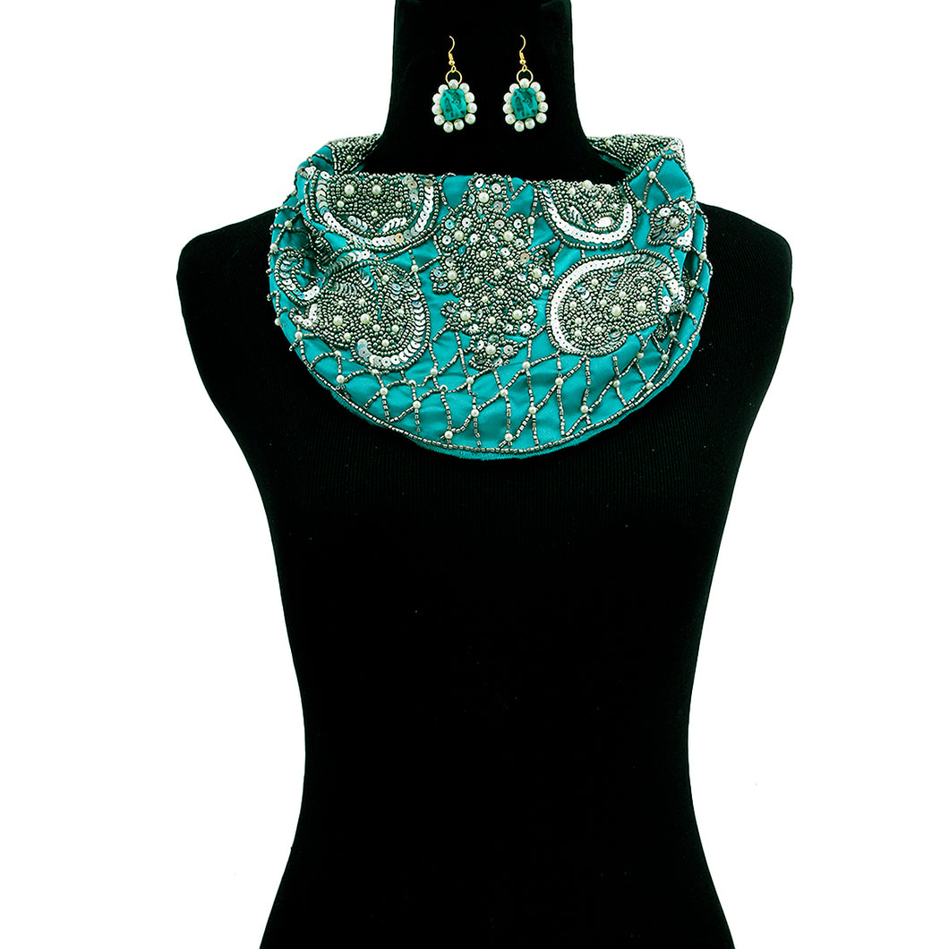 Handmade Teal Satin Scarf Necklace Set with Embroidered Sequins Beads and Pearls
