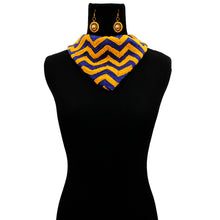 Load image into Gallery viewer, Handmade Embroidered Scarf Necklace Set with Chevron Pattern Yellow and Blue Beads
